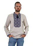 Вишиванка  чоловіча сірий льон вишивка синя довгий рукав розмір від S до 5xl, фото 3