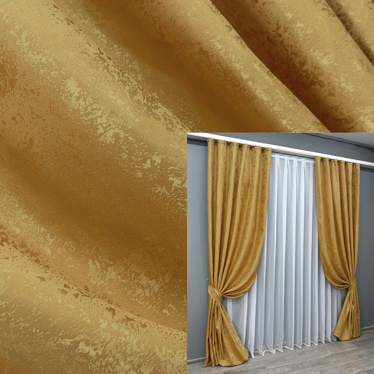 Комплект штор (2шт. 1х2,9м.) жакард, колекція "Мармур Al1". Колір золотистий. Код 614ш 31-599, фото 1