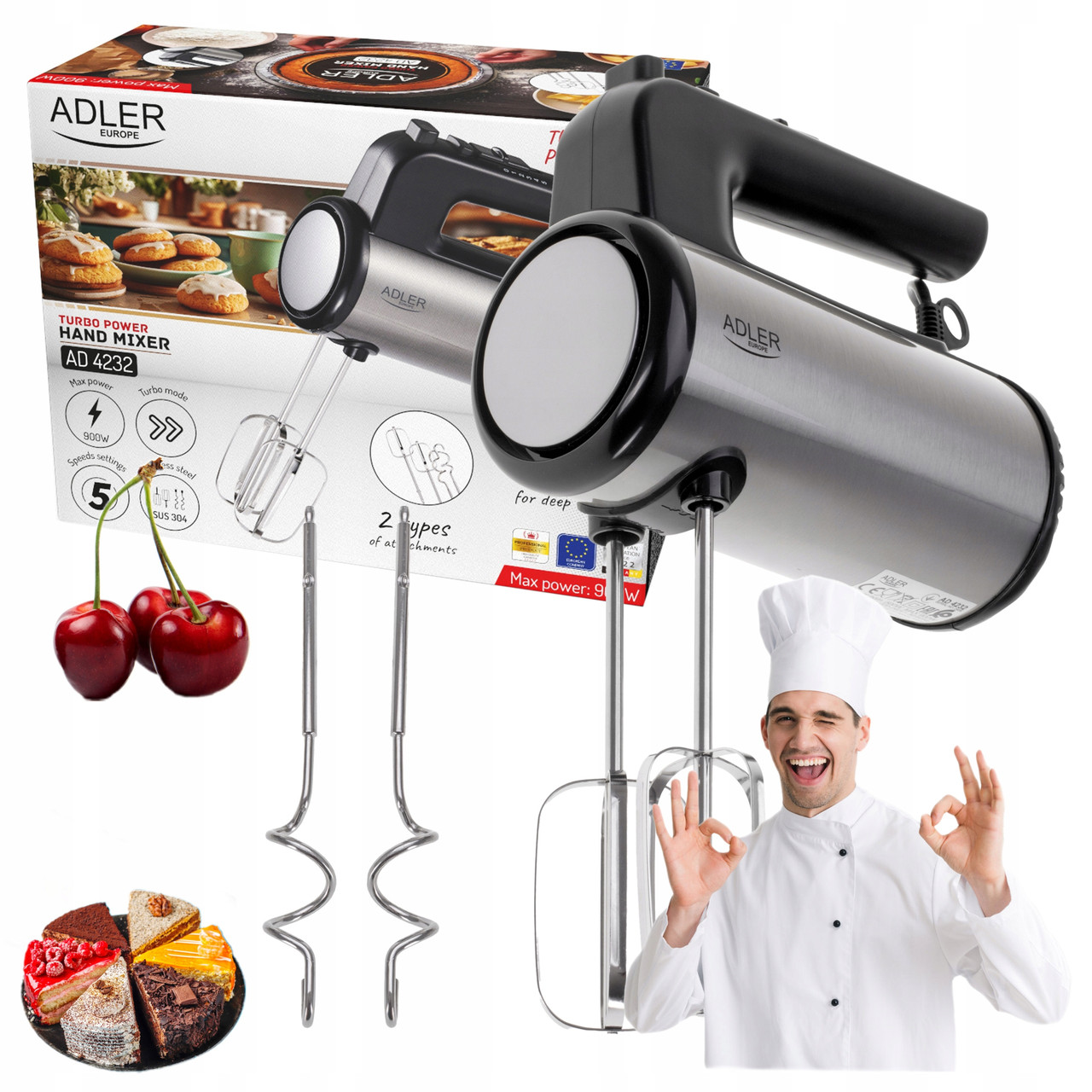 Ручний міксер Adler AD 4232 — 900 Вт, 5 швидкостей, нержавіюча сталь
