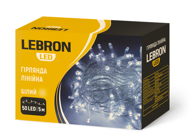 LED гірлянда LEBRON лінійна 10м, 100LED, біла, IP20, прозорий кабель, фото 1