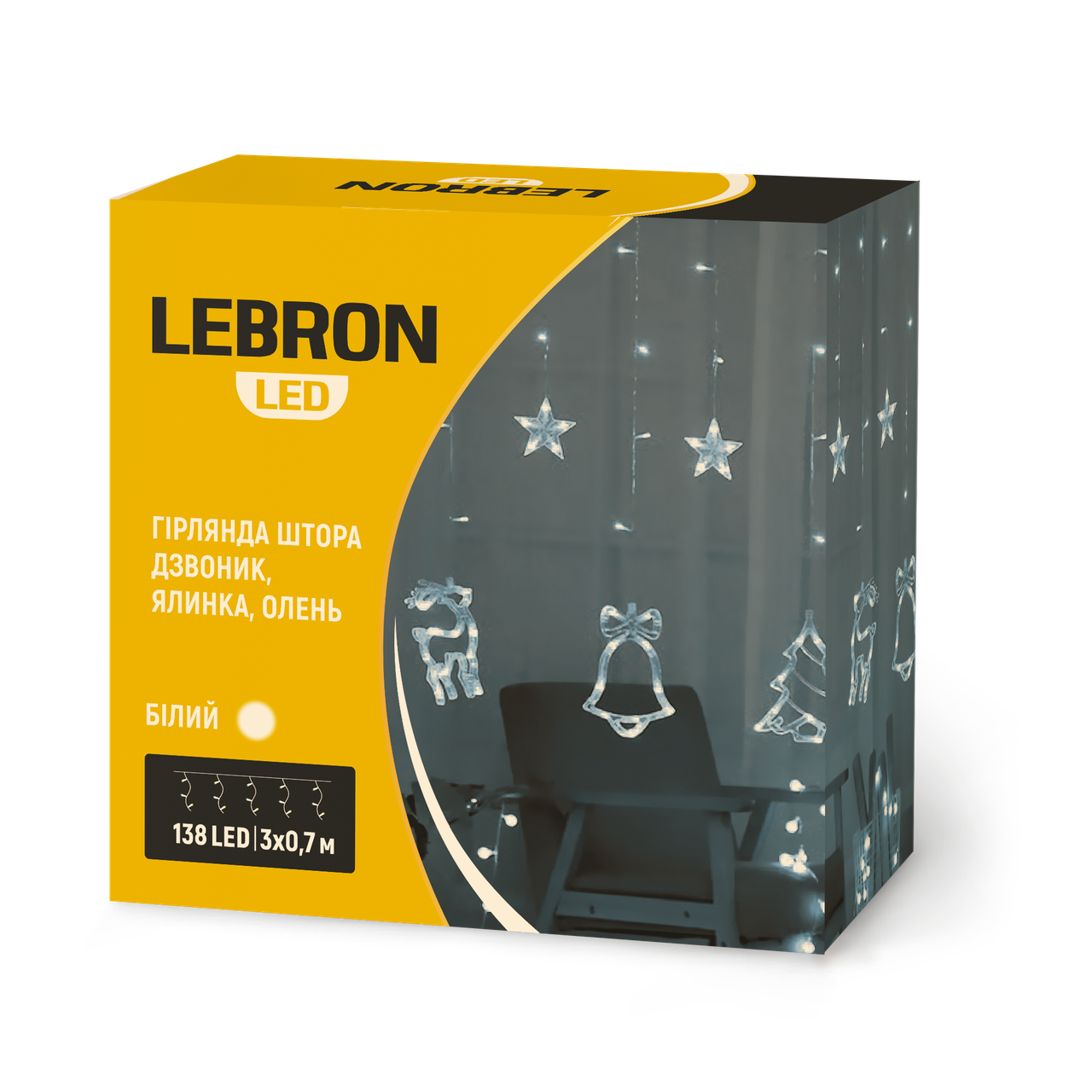 LED гірлянда LEBRON штора 3х0,7м, ялинка, дзвоник, олень 138LED, біла, IP20