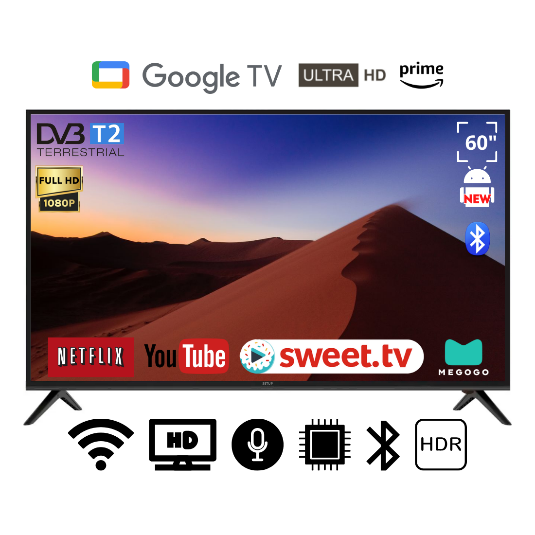 Телевізор SetUP 60" Android 15.0/Smart TV/DVB/T2/FullHD/USB блютуз пульт