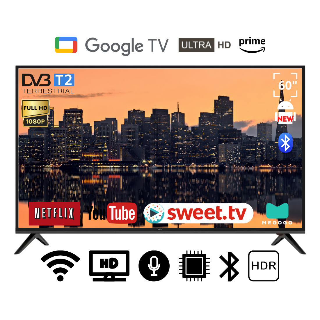 Телевізор AKAI 60" Smart DVB/T2/FullHD/USB Android 15.0 блютуз пульт