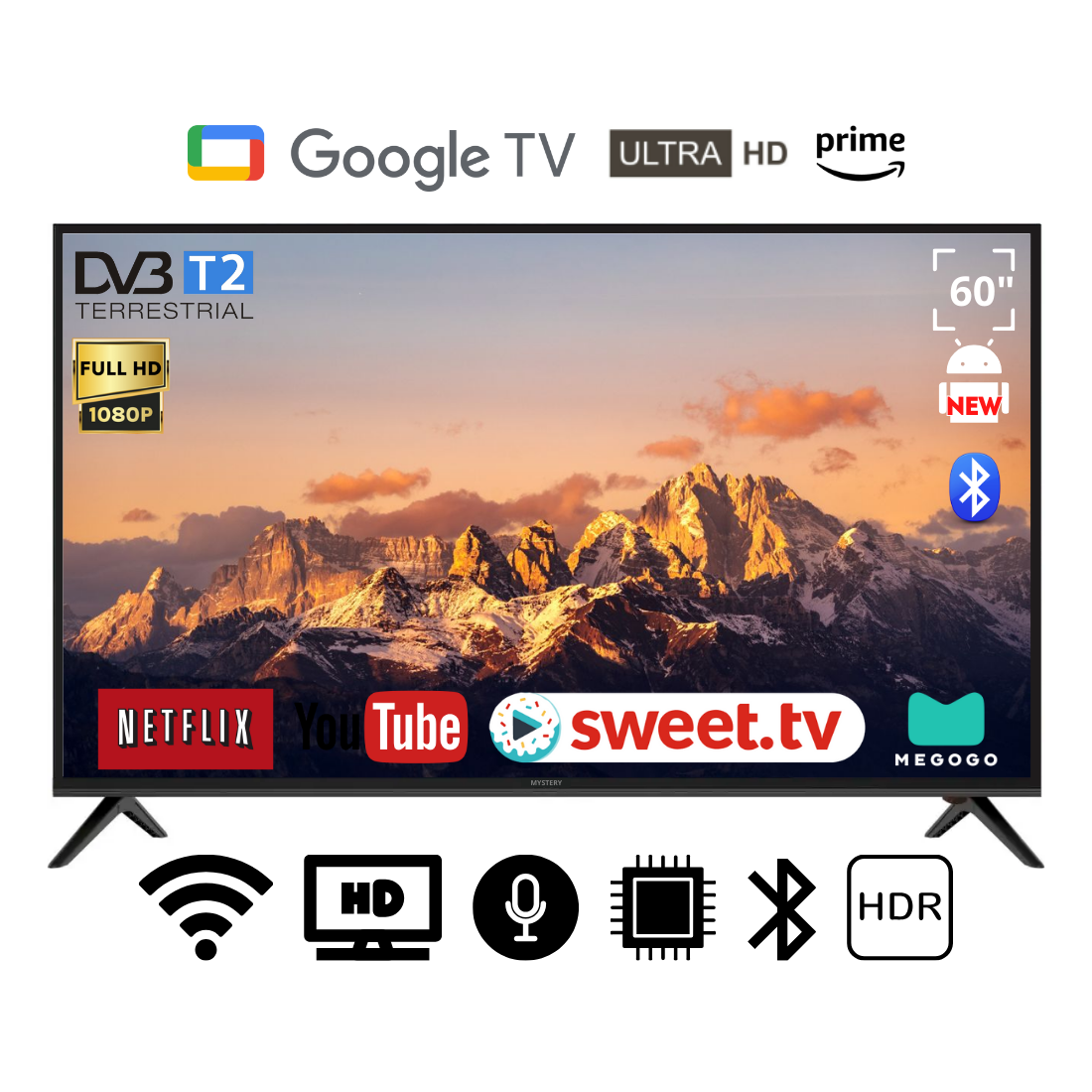 Телевізор Mystery 60" I Андроїд 15.0/Smart TV/DVB/T2/FullHD/USB/ (1980x1080) блютуз пульт