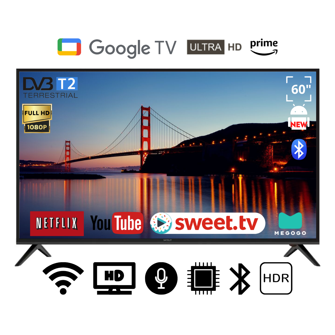 Телевізор Satelit 60" I Android 15.0 Smart DVB/T2/FullHD/USB/ (1980x1080) блютуз пульт