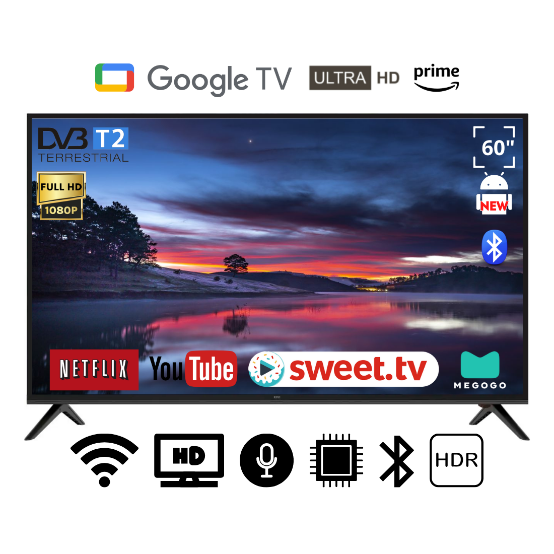 Телевізор KIVI 60" I Android 15.0/Smart TV/DVB/T2/FullHD/USB/ (1980x1080) блютуз пульт