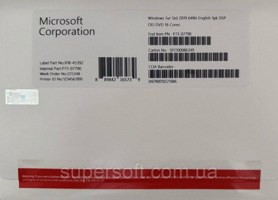 Windows Server 2019 Standard 64Bit 16 Core OEM DVD (OEM версія для збирачів ПК) (P73-07790) без прив'язки до облікового запису, фото 1