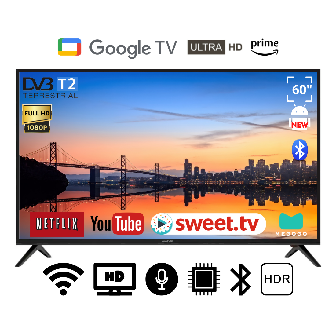 Телевізор Blaupunkt 60" I Android 15.0/Smart TV/DVB/T2/FullHD/USB/ (1980x1080) блютуз пульт