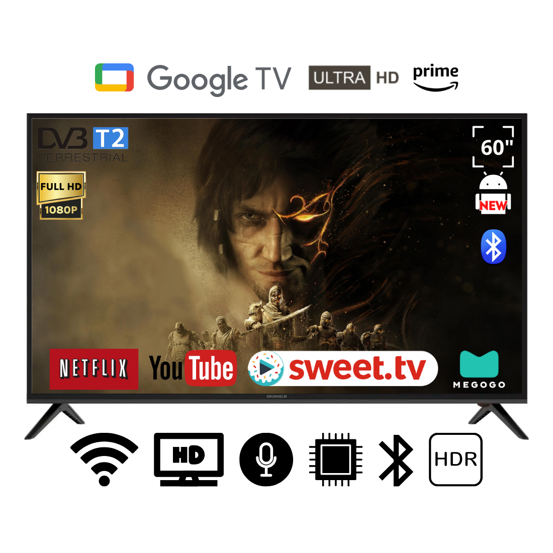 Телевізор Grunhelm 60" I Android 15.0/Smart TV/DVB/T2/FullHD/USB/ (1980x1080) блютуз пульт