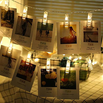 Світлодіодна гірлянда SunLamp з прищіпками для фото 20 led, 3 метра на батарейках, для фотосесій Світлодіодна