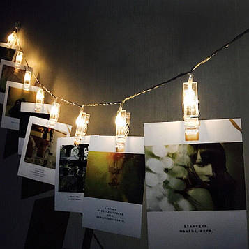 Світлодіодна гірлянда SunLamp з прищіпками для фото 10 led, 2 метри на батарейках, для фотосесій Прищіпки для