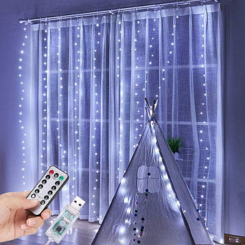 Гірлянда штора крапля роси Sun Lamp 3х3 метри 300 LED з пультом і USB живленням біле світло SunLamp