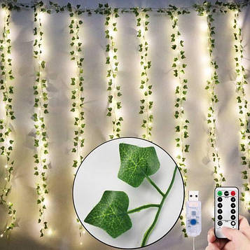 Листя плюща з гірляндою 200 LED, штора 3×2 м SunLamp – для кімнати, балкона, фотозони, свят і декору