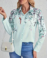 Блузка рубашка мятного цвета с длинным рукавом и принтом