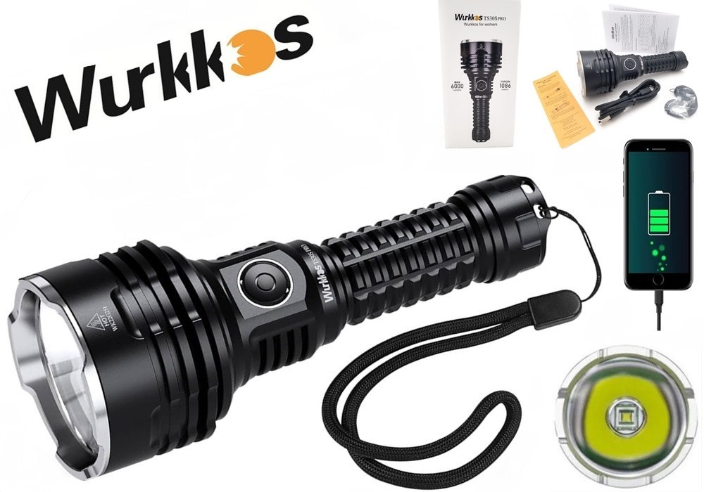 Ліхтар WURKKOS TS30s PRO (6000LM, 1086 метрів, SBT90.2 led, 21700, USB-C) Без батареї