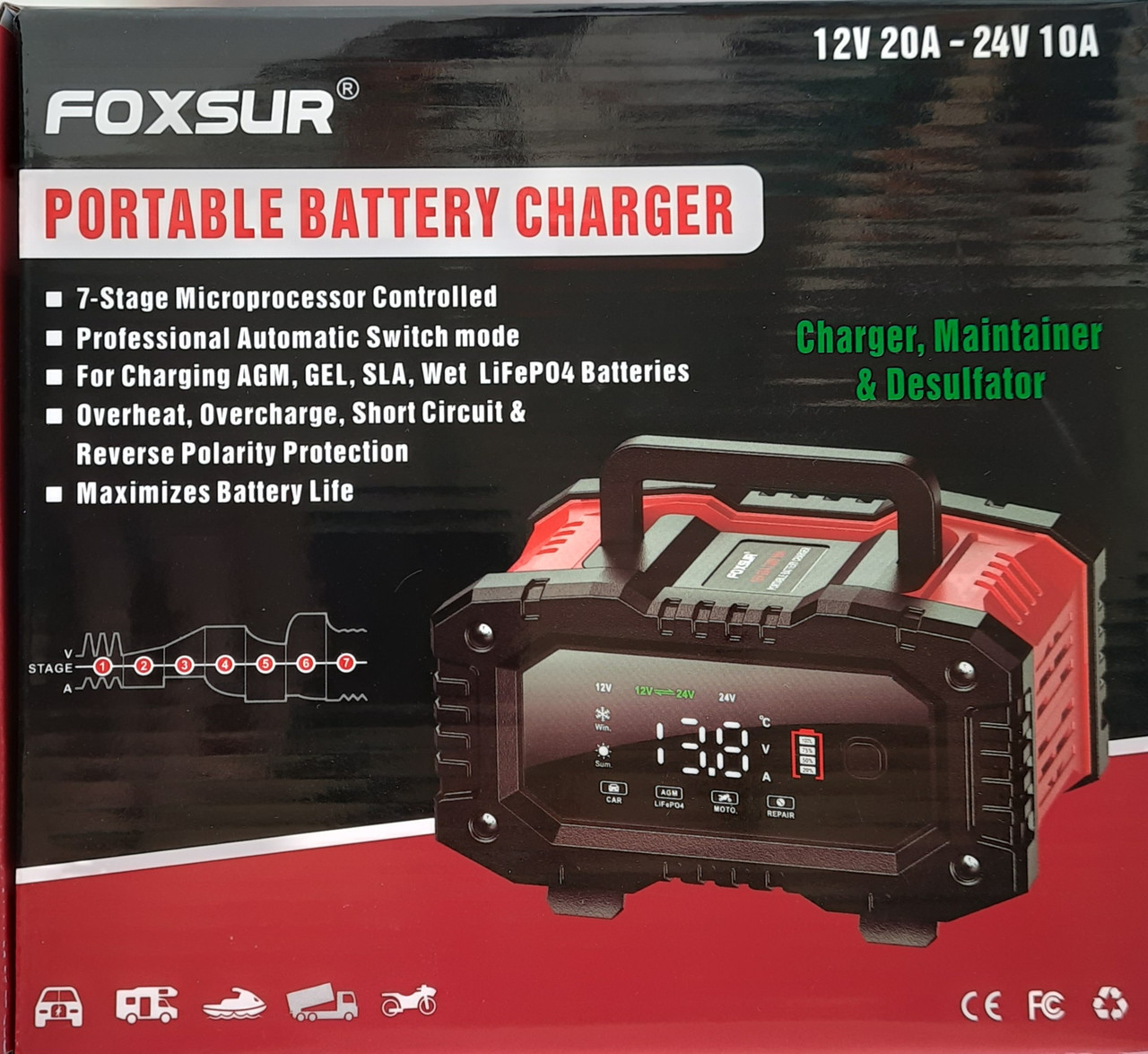 Foxsur 20A 12V 24V Оригінал Зарядний пристрій автоматичний імпульсний для акумуляторів Десульфатор, фото 1