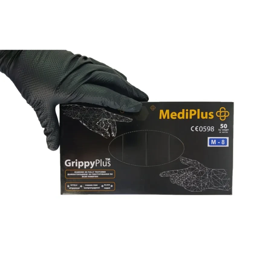 Рукавички нітрил суперміцні "MediPlus" GrippyPlus Black (XL) 9 грам