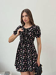 Жіноча стильна легка літня коротка приталена сукня із зав'язками на грудях софт сарафан у квітковий принт