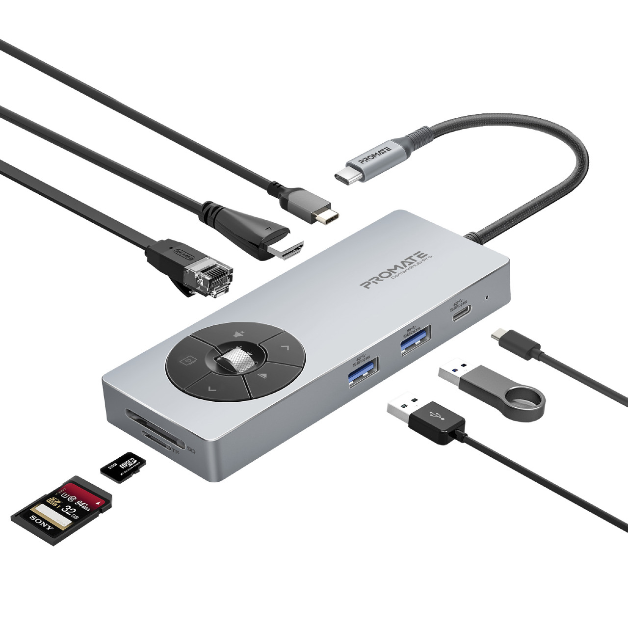USB-C хаб 14-в-1 Promate ComandHub-Pro USB-C PD/HDMI/2xUSB 3.0/USB-C/RJ45/SD/TF Grey (comandhub-pro)