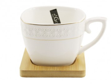 Чашка фарф. біла 240 мл квадр. з бамбук. під. /S507009BZJ- A, фото 1