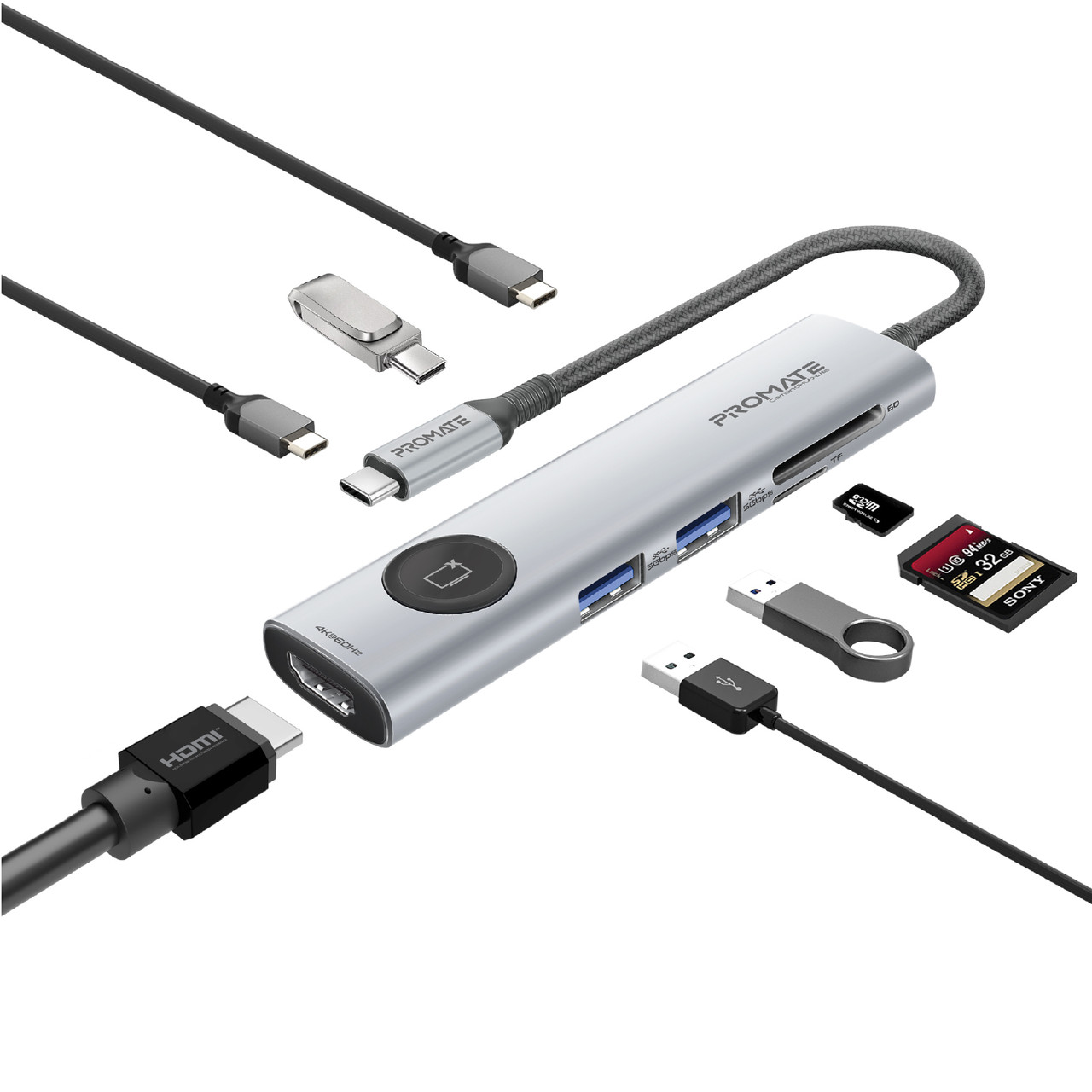 USB-C хаб 9-в-1 Promate ComandHub-Lite USB-C PD/HDMI/2xUSB 3.0/2хUSB-C/SD/TF Grey (comandhub-lite)