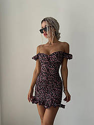 Жіноча стильна легка літня коротка приталена міні сукня зі складання софт сарафан в квітковий принт