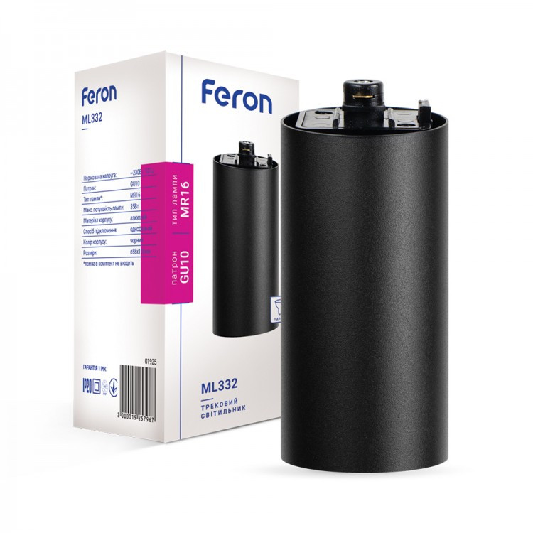 Трековий світильник Feron ML332 GU10 IP20 чорний Ø55х120мм під змінну лампу GU10, фото 1