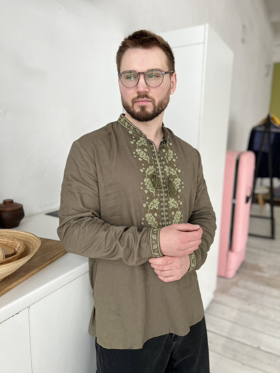 Вишиванка  чоловіча хакі льон  довгий рукав розмір 48.58, фото 1