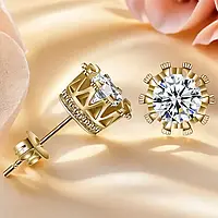 Сережки-цвяшки, пусетти, з фіанітом "Корона", колір золото