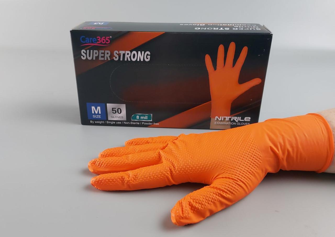 Рукавички нітрилові суперміцні 50 шт. господарські, розмір M ORANGE "CARE 365" (1 пачка), фото 1