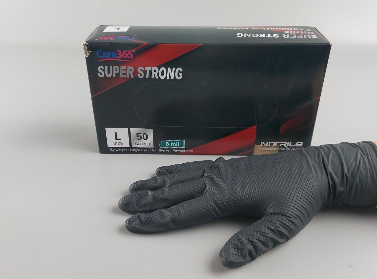 Рукавички нітрилові чорні суперміцні 50 шт. господарські, розмір L "CARE 365" (1 пачка), фото 1