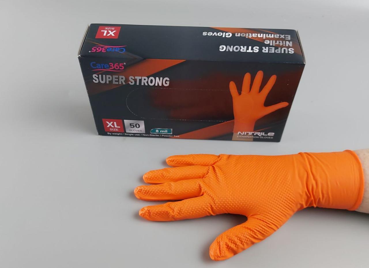 Рукавиці нітрилові суперміцні 50 шт. господарські, розмір XL ORANGE "CARE 365" (1 пачка), фото 1