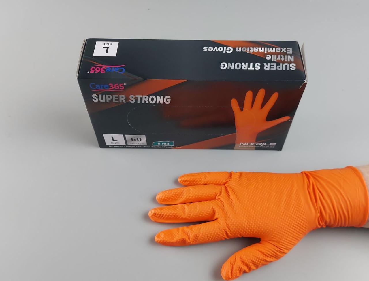 Рукавички нітрилові суперміцні 50 шт. господарські, розмір L ORANGE "CARE 365" (1 пачка), фото 1