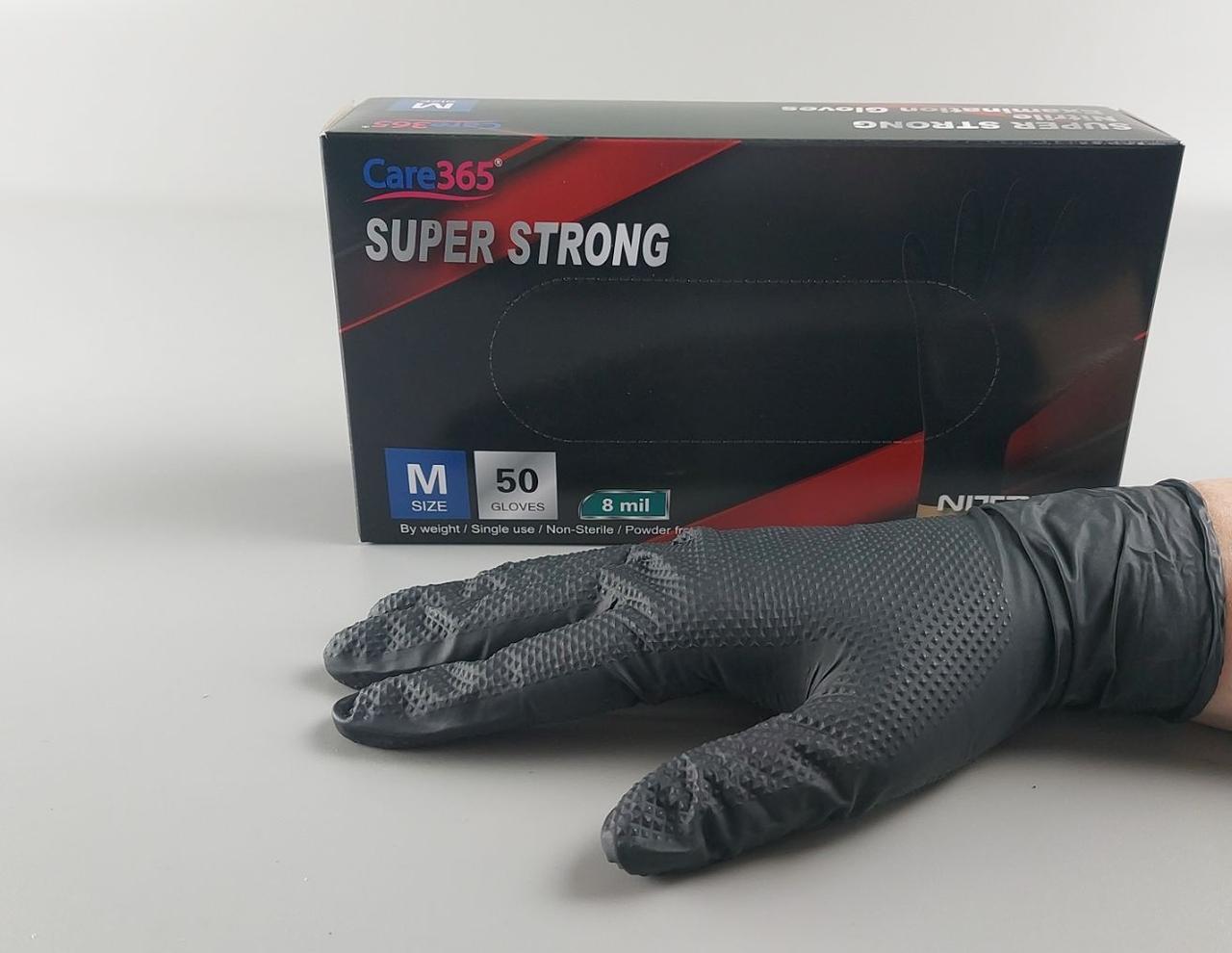 Рукавички нітрилові чорні суперміцні 50 шт. господарські, розмір M "CARE 365" (1 пачка), фото 1