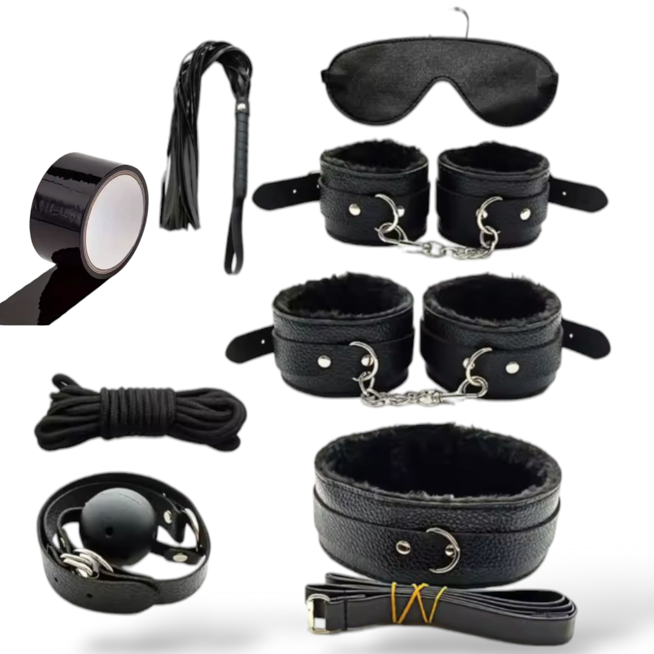 БДСМ набір чорний "Night fetish", наручники, окови, нашийник, повідець, маска, кляп, мотузка, плетіль, скотч, фото 1
