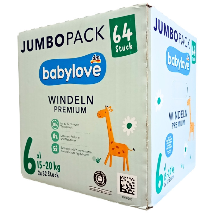 Підгузки Babylove Windeln Premium Jumbo Pack 6 XL (15-20 кг), 64 шт, фото 1