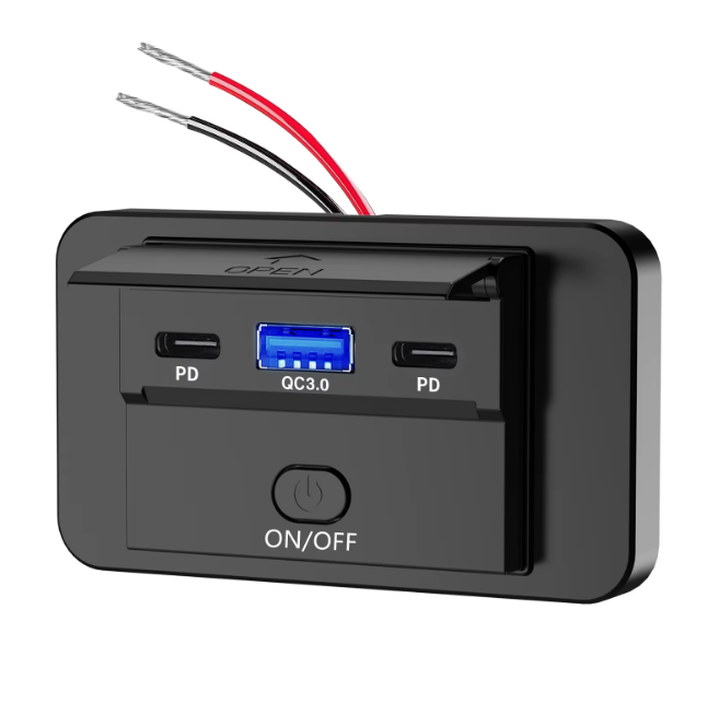 Автомобільна USB накладна панель зі шторкою QC3.0 + 2 PD USB Type-C, 12–24В