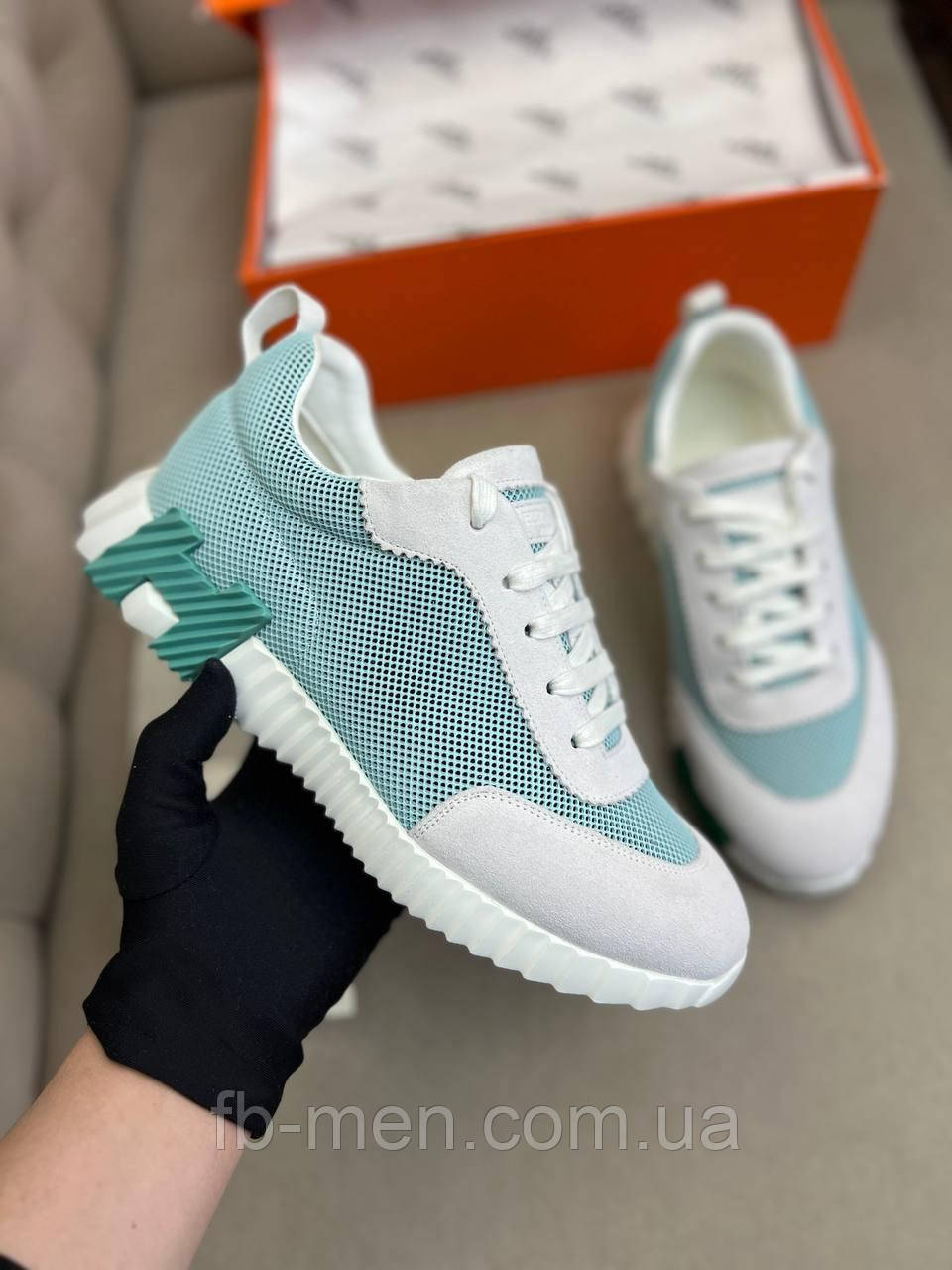 Кросівки чоловічі зелені з білим Hermes шкіра та текстиль