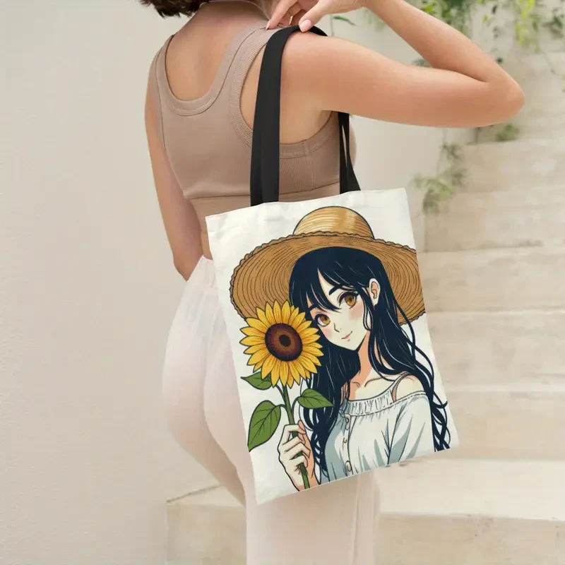 Велика сумка-шопер з дизайном дівчини з соняхом, розмір 39/35 см, фото 1