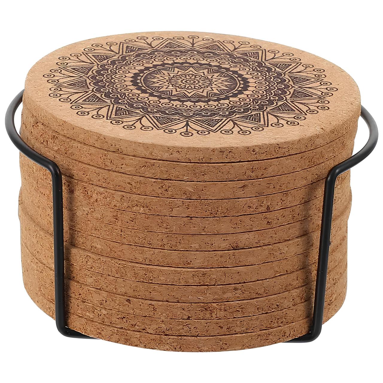 Набір круглих пробкових підставок під чашки RESTEQ з мандалами — 12 шт, 10 см, з металевою підставкою