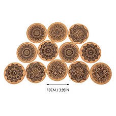 Набір круглих пробкових підставок під чашки RESTEQ з мандалами — 12 шт, 10 см, з металевою підставкою, фото 3