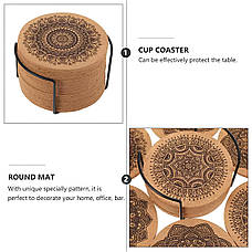 Набір круглих пробкових підставок під чашки RESTEQ з мандалами — 12 шт, 10 см, з металевою підставкою, фото 2