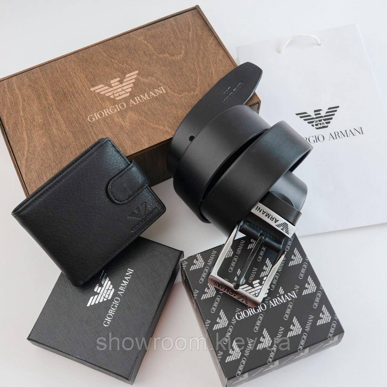 Чоловічий подарунковий набір гаманець і ремінь дерев'яній коробці Armani (303), фото 1