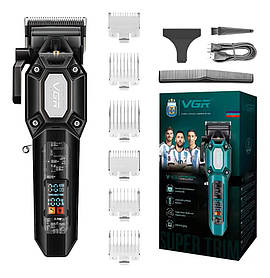 Акумуляторна машинка для стрижки (clipper) VGR V-600 BLACK, 6 насадок, регулятор висоти, LED display, 7000 RPM