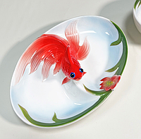 Менажниця на 2 секції Золота рибка з лотосом 22,5 см китайська ліпна кістяна порцеляна