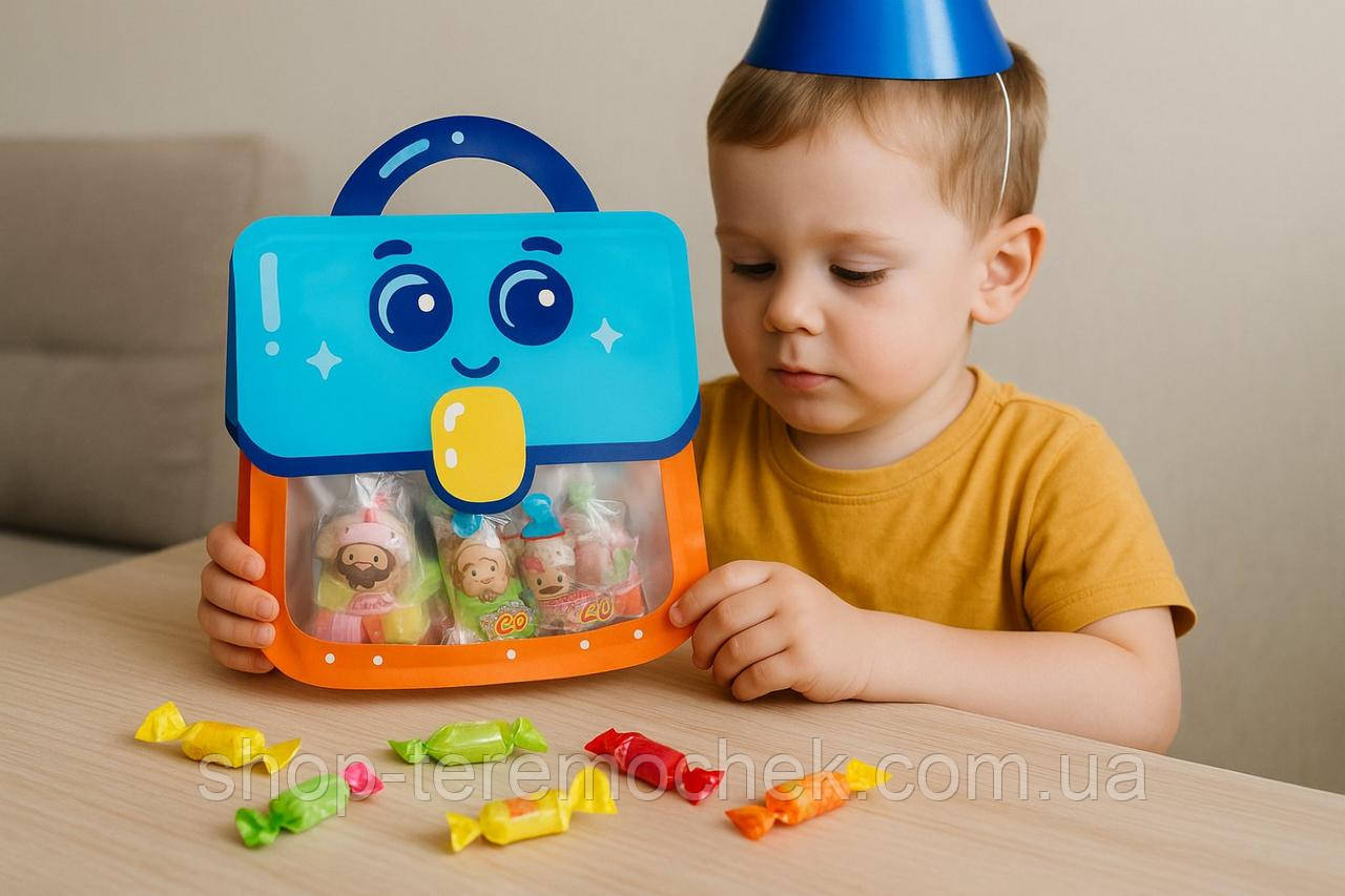 Пакет подарунковий фігурний фігурний з ручкою Смачний Портфельчик блакитний для пакування солодощів із зіп застібкою 24х26х6 см, фото 1