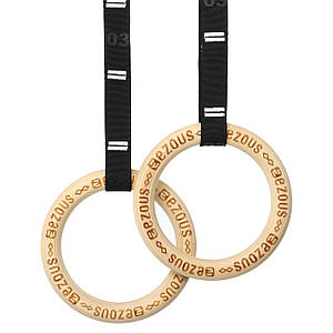 Кільця гімнастичні з посиленими стропами для кросфіту EZOUS WOODEN GYM RINGS E-02 (стрічки-PL, р-р