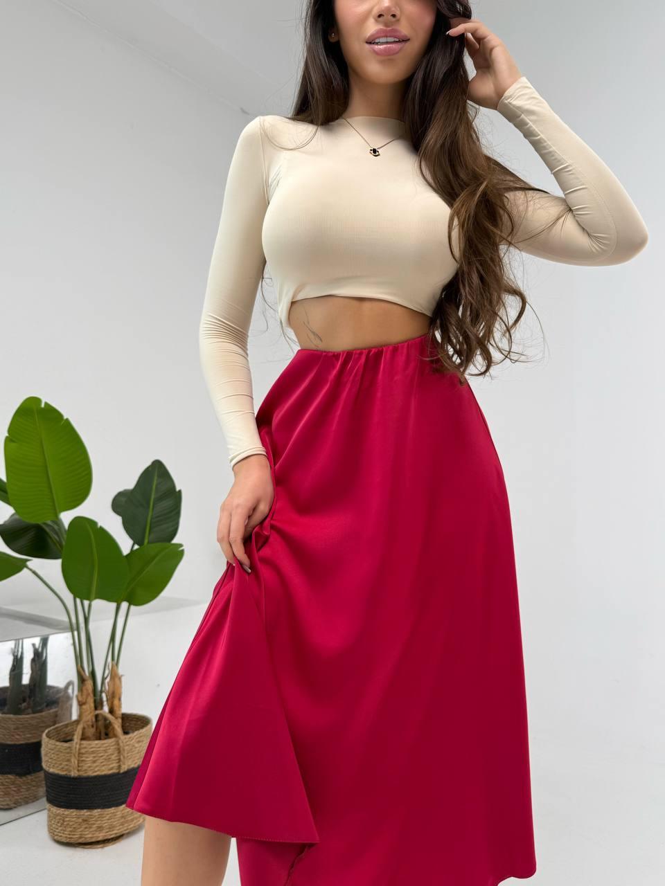 Бордова жіноча базова шовкова повсякденна легка довга спідниця міді з гумкою на талії на високу посадку, фото 1