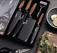 Набор кухонных ножей 6 предметов QFN с антипригарным покрытием, ножницы и овощечистка, стиль под дерево