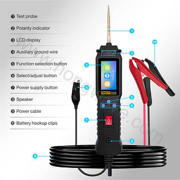 12 24 В P200 авто тестер ланцюгів, корник ланцюга, ел. тестер, тест безперервності напруги кабель 2 м black Код/Артикул